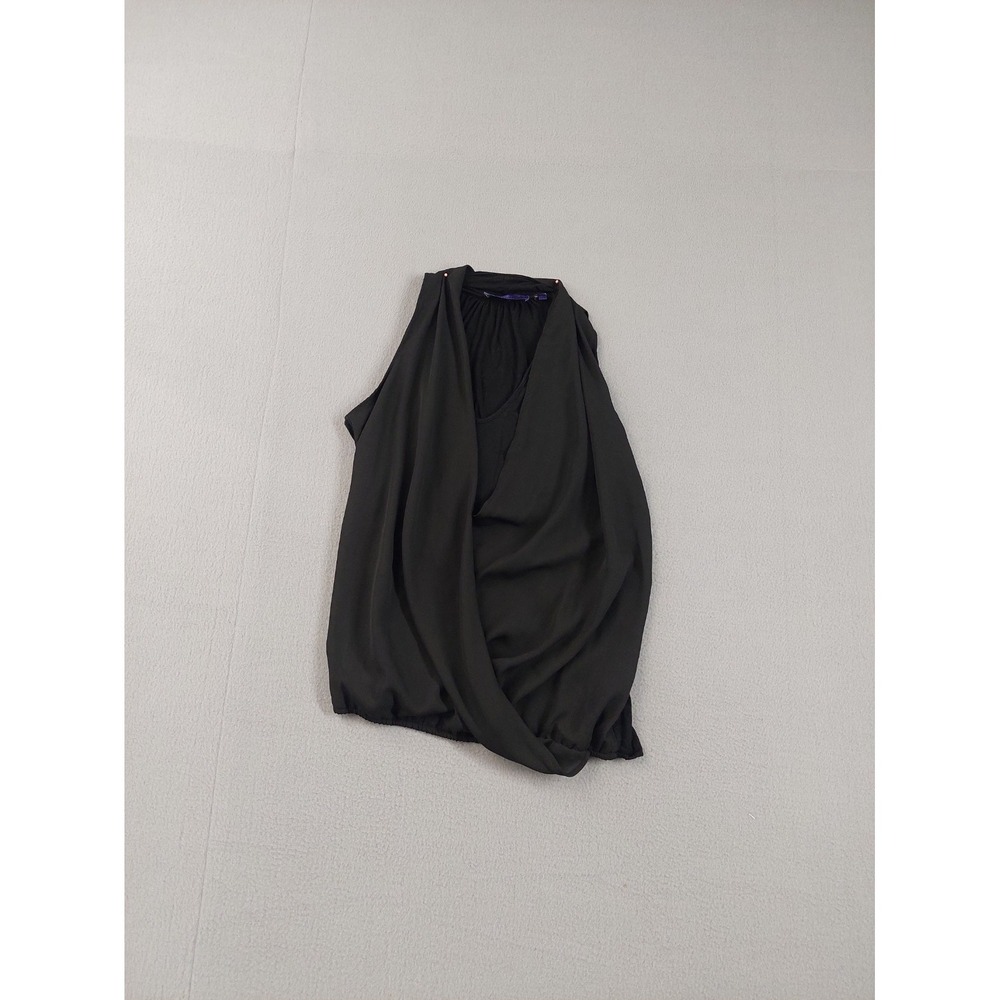 P Luca Milano Women Draped Top L Black Surplice V Neck Sleeveless Stretch Casual